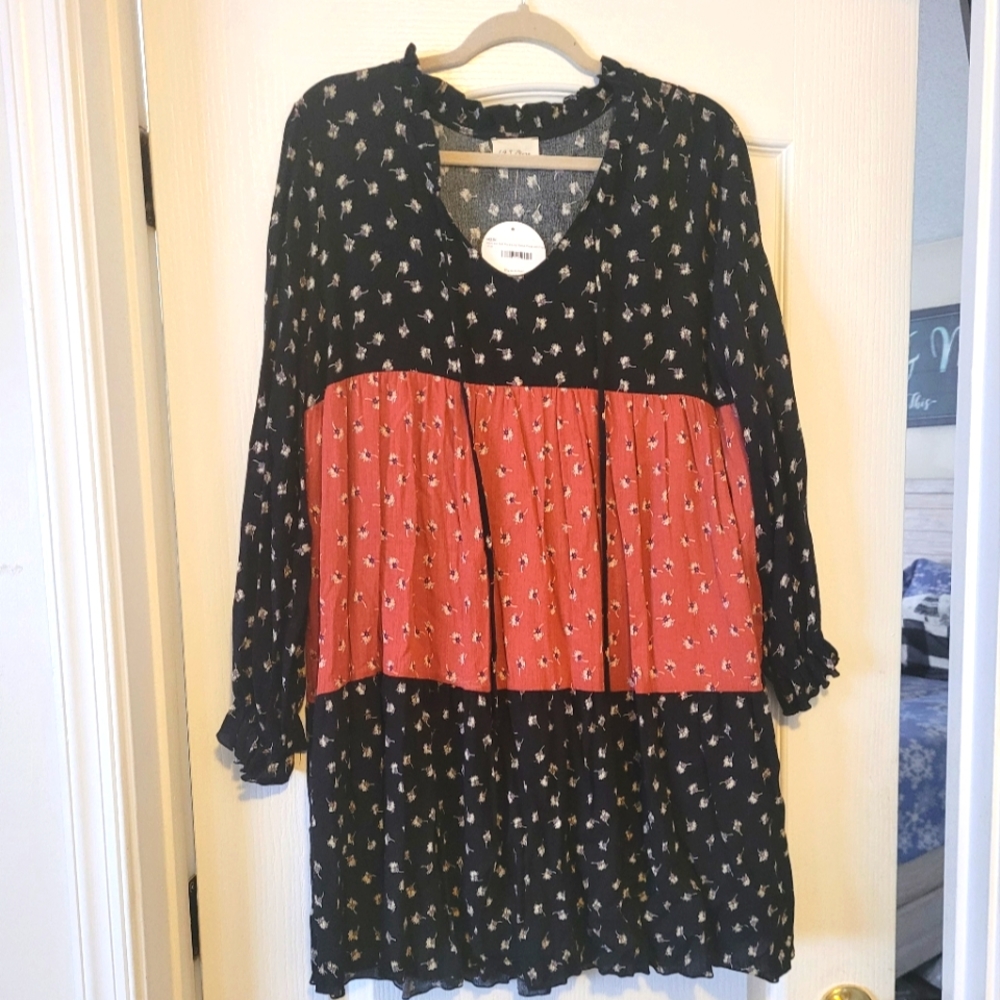 NWT 143 Story black and rust tiered floral dress sz L